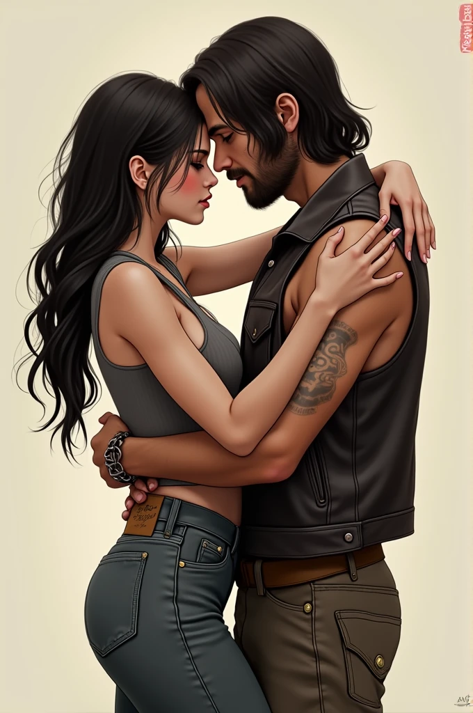 I want an image of Jennie, From Blackpink, y Daryl Dixon, from The Walking Dead, hugged. Jennie should be dressed in modern and fashionable clothing, while Daryl is wearing his typical leather vest and dark pants. The scene should convey a warm and close feeling."