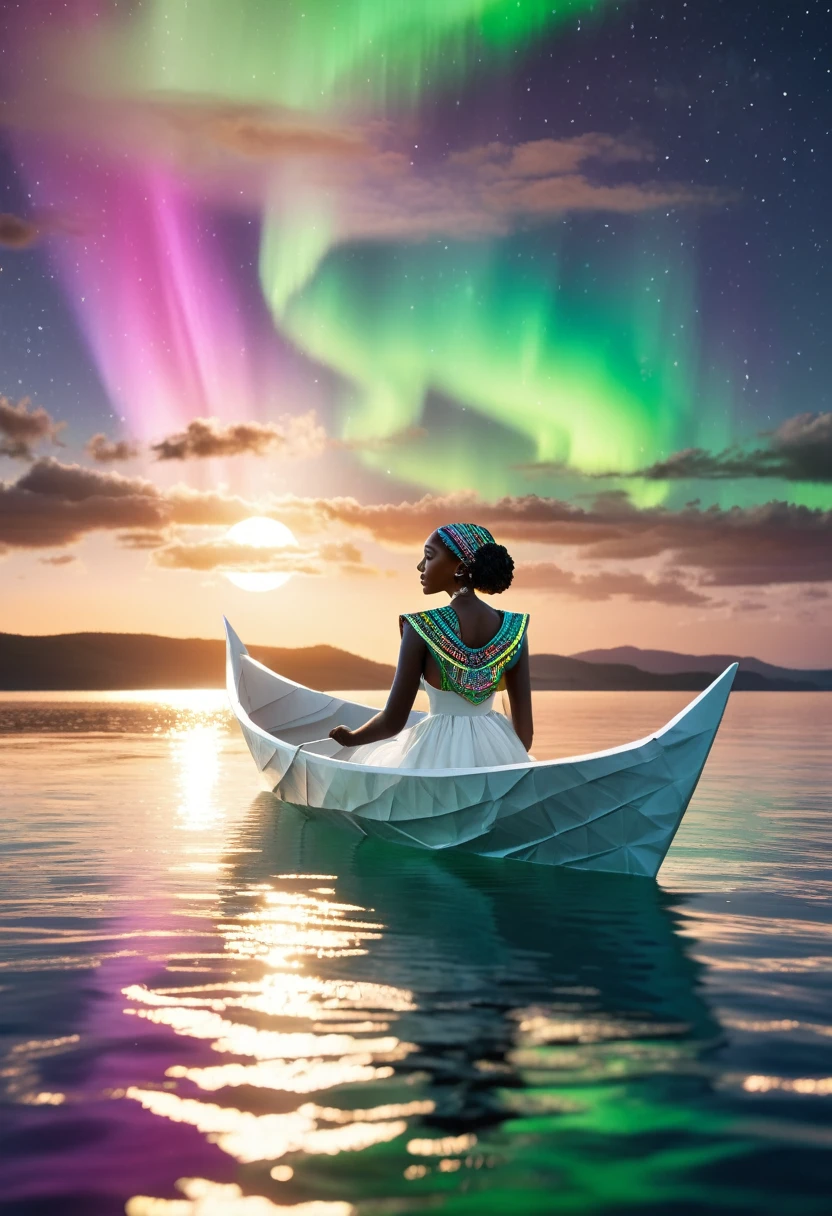 A black woman sitting in a paper boat sailing on a clear ocean, clear ocean reflecting a beautiful aurora borealis shining in the sky, she's dressed in white African designed clothes, , very high detailed and clear image, providing a cinematic look like shot from a 70mm lens panavision camera, 32k high definition and high resolution images, unreal engine 5 rendered. Hyper-realistic images with high detailed features.