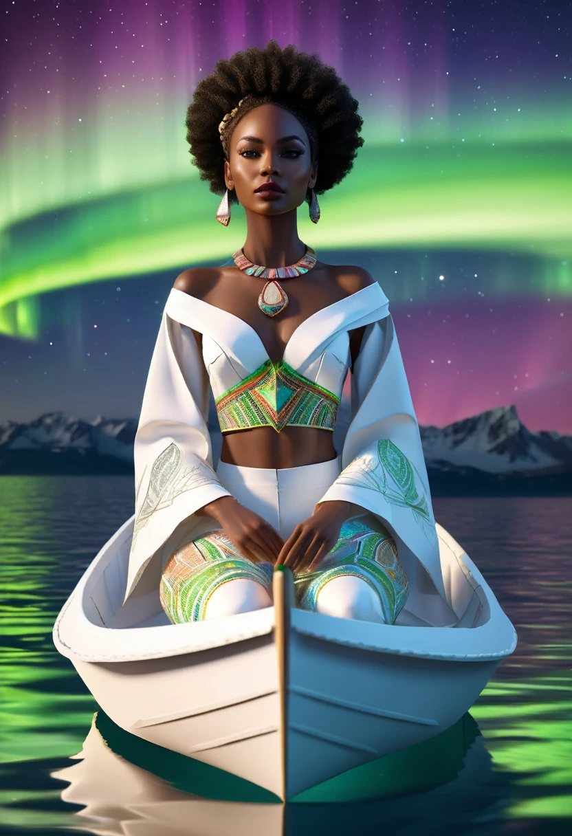 A black woman sitting in a paper boat sailing on a clear ocean, clear ocean reflecting a beautiful aurora borealis shining in the sky, she's dressed in white African designed clothes, , very high detailed and clear image, providing a cinematic look like shot from a 70mm lens panavision camera, 32k high definition and high resolution images, unreal engine 5 rendered. Hyper-realistic images with high detailed features.