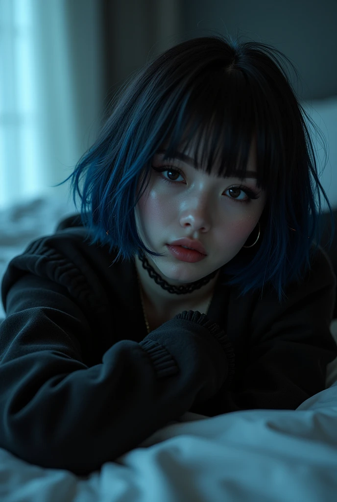 , beautiful gothic women, sexy gothic girl, designer sweatshirt coat with logos, pants, short black hair with blue tips, bedroom, Lying on the bed