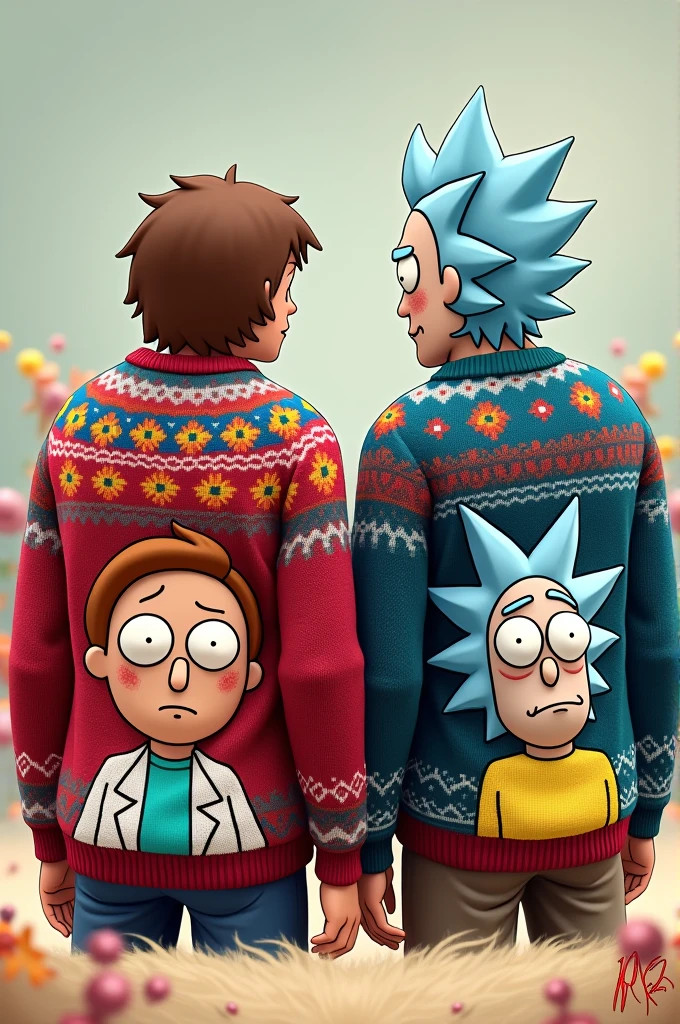 I want you to create an image of two sweaters and on the back of the sweater is the image of Rick and Morty