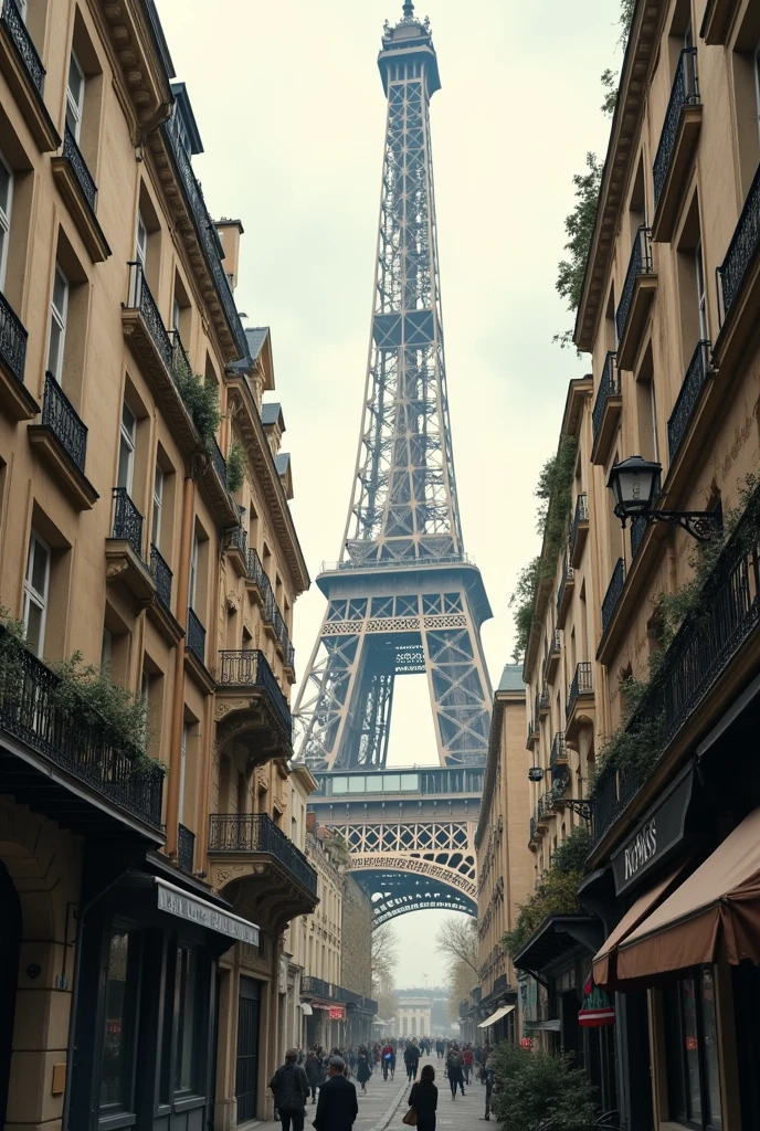 Old houses in Paris with the Eiffel Tower in the background without people 