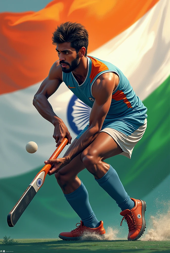 An Indian hockey player playing while, holding a hockey stick with a grip adorned in the vibrant colors of the Indian flag. Behind him, the Indian flag waves proudly, symbolizing his dedication and pride in representing his nation.