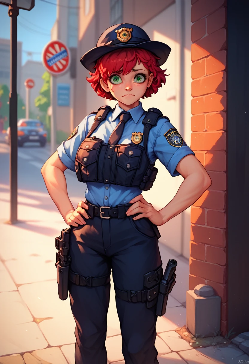 SFW, a cute young woman in a police uniform, short fluffy red hair and green eyes, american police, bulletproof vest, nervous, blue shirt and black pants, holstered handgun on hip, standing on a street corner, afternoon lighting