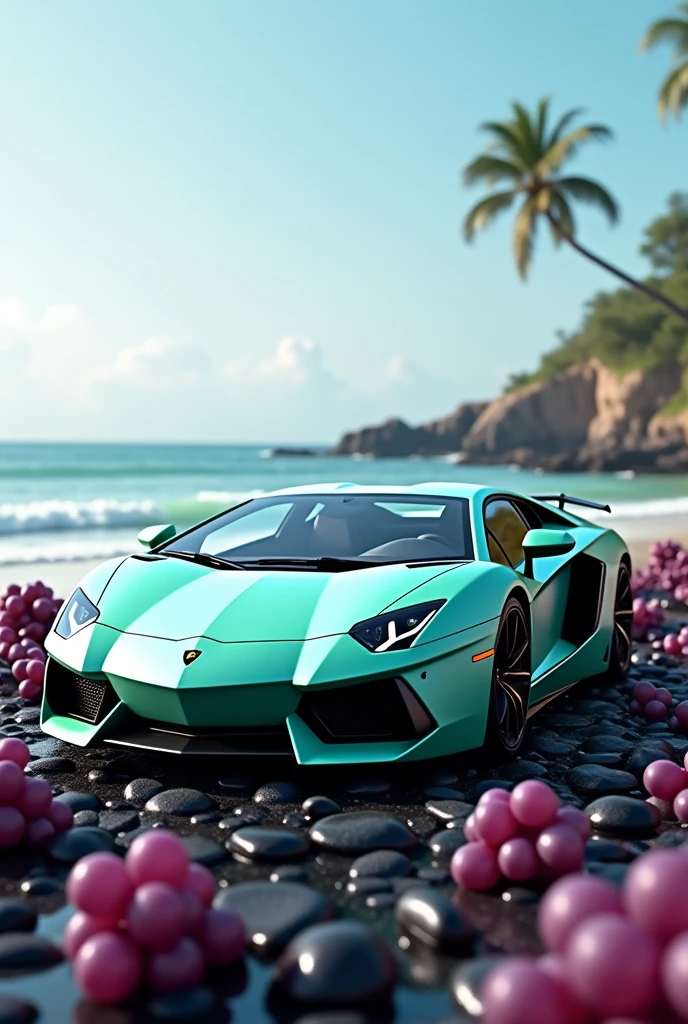 I want an image of a Lamborghini Aventador 12000 grape mint with small grapes around it and a beach background, and it should be on top of some shiny and beautiful black stones.