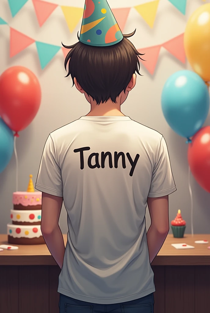 A person standing and Tanny written on his back of the tshirt and it is his birthday 