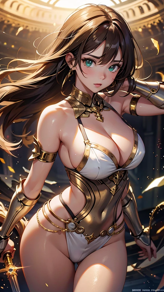 Highest image quality，Outstanding details，Ultra-high resolution，4K image, assembly, best quality, masterpiece, movie lighting ，Sexy，Huge breasts，cleavage，action，In battle，light beam from hand，Golden lightning surrounds，Brown curls，Green eyes，Lipstick，Gold armor，There are cracks on the armoghting hard