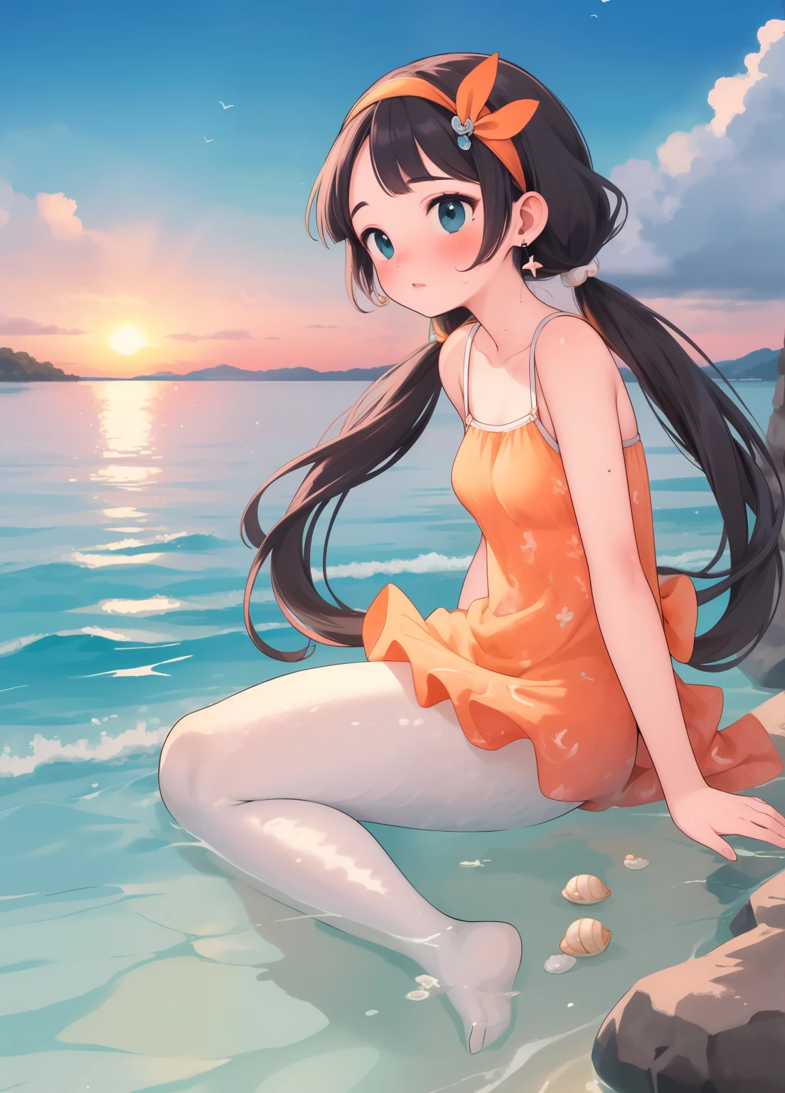 (masterpiece、Highest quality、Highest quality、Official Art、美しくbeautiful:1.2)、(One person:1.3)Hatsune Miku、Twin tails,Beautiful breasts, Katsushika Hokusai,((ruri gokou)), One person, blush, Black Hair, Mole, Mole under eye, (shell), scale, Tail fin, Fairy, Water Spirit, Ocean生物, Ocean面, sunset, orange, (The Little Mermaid), (Fin headband), Mermaid earrings, seashell bikini, Mermaid sitting, whole body, (Rocky area), soft色, Wave, (Seaside), (Field), Blue green, 光のreflection, beautiful, romantic, mysterious, dream-like, 絵のようにbeautiful, Shine, Watercolor style, Harmony, Natural Beauty, soft, Warm Light, Grace, Transparency, Ocean, dream-like, evening, reflection, Harmonyのとれた, romantic, Warmth, Fantasy