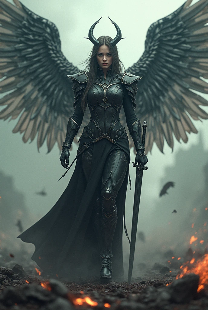 archangel master lucifer,war effect,REAL - style image of a woman with a dark sword in a field, cyberpunk art inspired by Leng Mei, cgsociety contest winner, fantasy art, beautiful Mistresses angel girl, angel knight girl, as a mystical valkyrie, battle angel, angel in sexy bondage, mechanized valkyrie girl, unreal engine 4k wallpaper, wraith from apex legends, epic divine angel wings