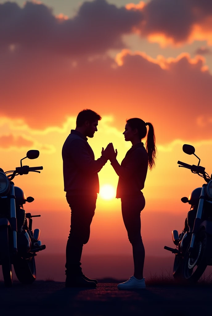 You are my professional image generator. Por favor, Create an image of the silhouette of two bikers, each next to their motorcycle.. They are in a prayer position. They are in front of the sunset