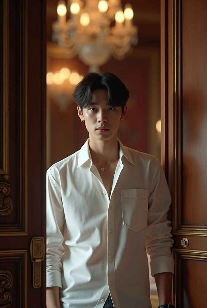 BTS's Kim Taehyung in a white shirt opening the door of a royal office