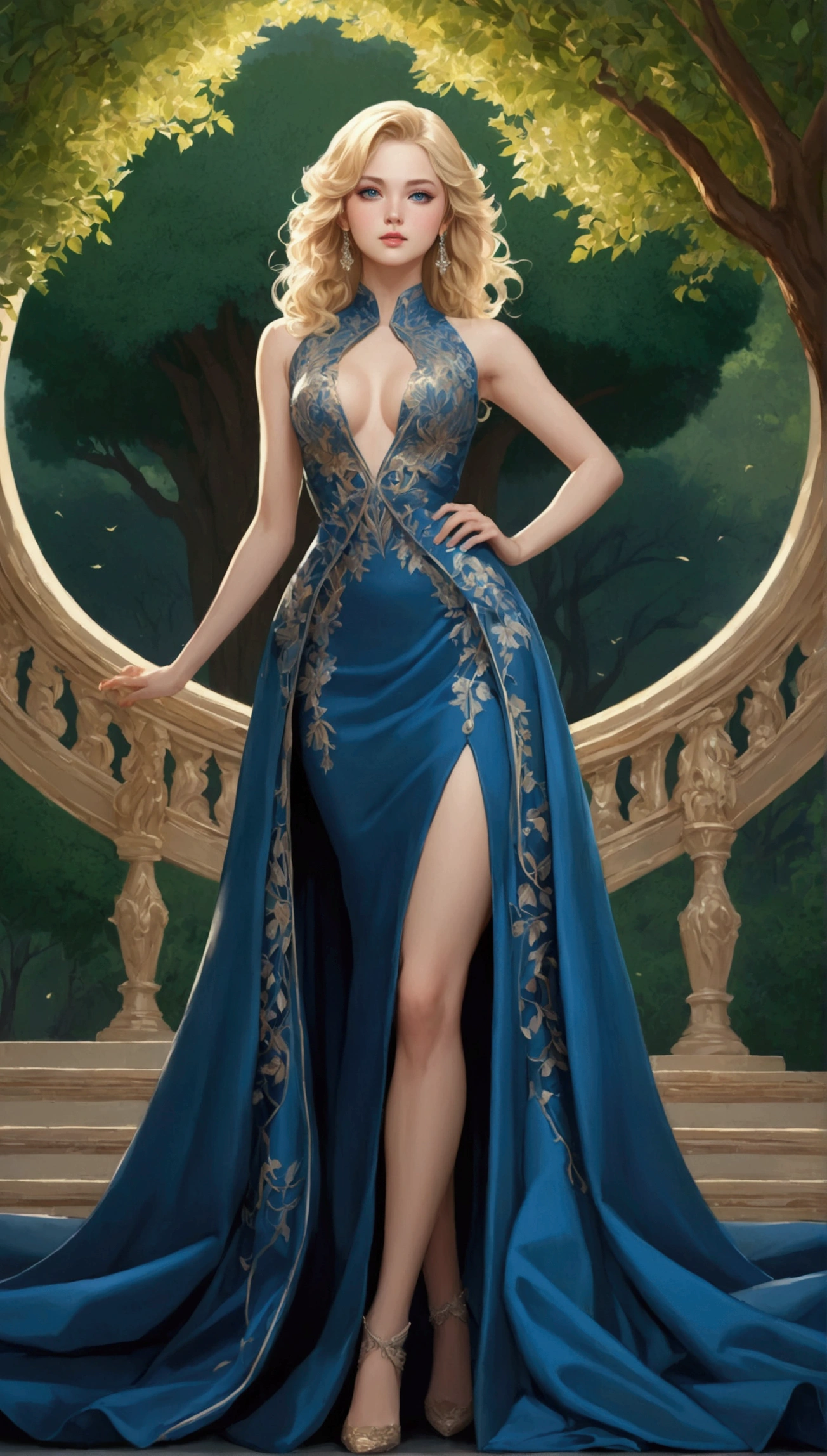 best quality, Very detailed, Extremely detailed, illustration, masterpiece,Extremely detailed eyes and face, incredible_Ridiculous resolution, (Blonde Hair) , 1 Girl, Dressed in a luxurious blue gown meticulously crafted,Uncover intricate details, Exquisite tailoring, and gorgeous fabrics, Slim waist, A faint smile, whole body, For the audience, Dynamic poses, Green tree background