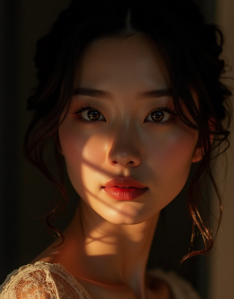 a beautiful asian woman, detailed facial features, striking eyes like stars in the night sky, long eyelashes, flawless skin, serene expression, elegant hairstyle, dramatic lighting, dark moody color palette, cinematic composition, (best quality,8k,highres,masterpiece:1.2),ultra-detailed,(realistic,photorealistic,photo-realistic:1.37),portrait,chiaroscuro lighting,dramatic shadows,warm colors