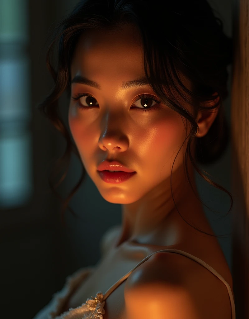 a beautiful asian woman, detailed facial features, striking eyes like stars in the night sky, long eyelashes, flawless skin, serene expression, elegant hairstyle, dramatic lighting, dark moody color palette, cinematic composition, (best quality,8k,highres,masterpiece:1.2),ultra-detailed,(realistic,photorealistic,photo-realistic:1.37),portrait,chiaroscuro lighting,dramatic shadows,warm colors