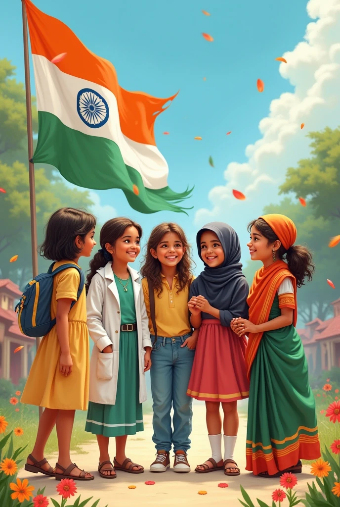 One wearing doctor's dress and one wearing school uniform and Wearing farmer's dress and one littoral girl wearing hijab and one wearing jeans and one wearing saree. All are playing near indian flag