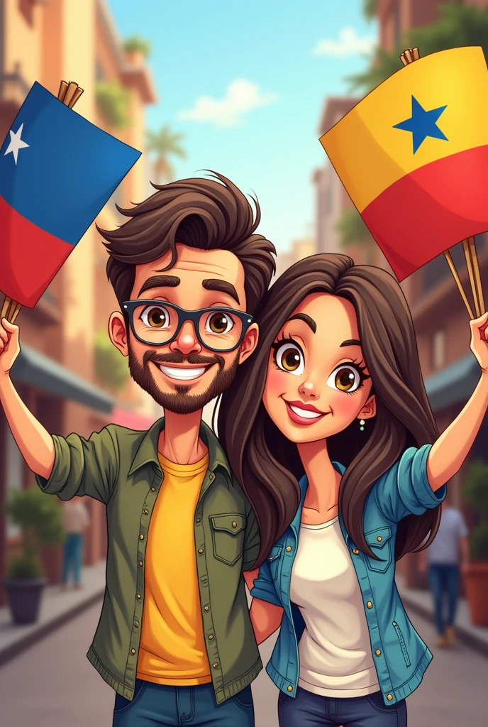 Cute cartoon of a couple, a Bolivian man with no beard wearing glasses and a Chilean woman, with their original Bolivian flags and the original Chilean one