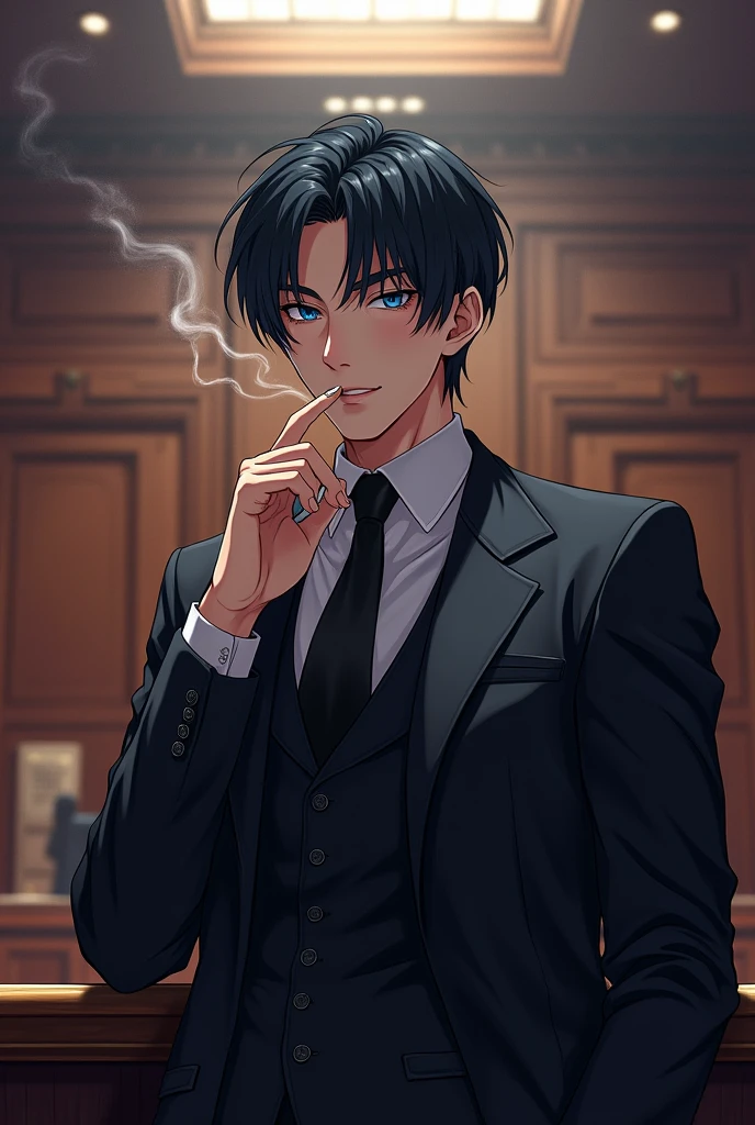 Anime style image of a man around 23 years old, black hair similar to the character Sung Jin woo from Solo Leveling, blue colored eyes, wearing a black lawyer suit and a more serious face and expression, smoking a cigarette and the scene behind him is a courtroom 