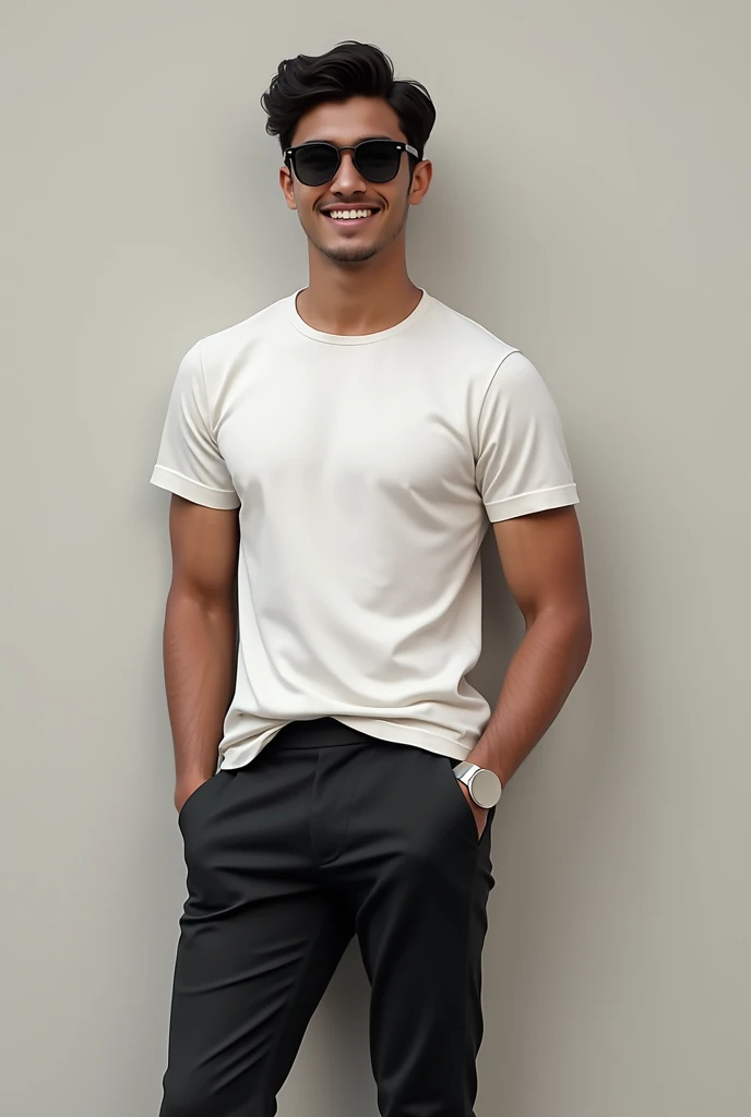 a cute boy black pant black sunglasses white t shirt name is kapil and black suse