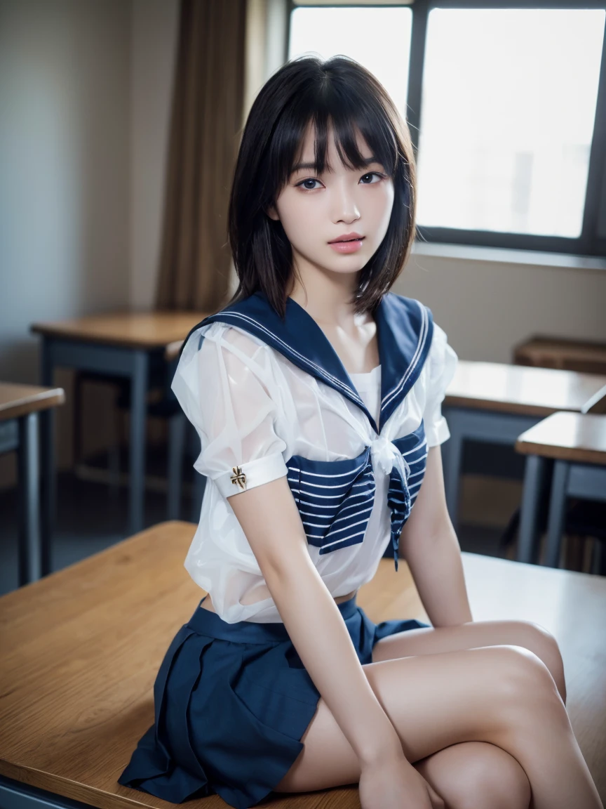 (masterpiece:1.2), Very detailed, Ultra-high resolution, (Realistic, photo Realistic:1.6), High-resolution RAW color photos, Professional photos, Sharp focus:1.2, (Very detailed顔と肌の質感, Very beautiful eyes, Glossのある肌, Glowing Skin, Glowing Skin, Shining Face, Gloss, Oily skin, greasy face, Oily skin, greasy face,),, (real Glossのある肌 texture), Perfect Anatomy, Very detailed背景,(High school classroom at night),1 female,(short hair, Straight hair, bangs, Brown Hair),((Flat Chest:1.6)),(Slender legs), ((((White, short-sleeved, sheer, translucent sailor uniform:1.4、Navy blue pleated skirt:1.5、Sexy string T-panty inside the skirt:1.5))),((sit at a desk with your knees up:1.4))、(((Sexy bra covered by sailor suit))),Invite to sex