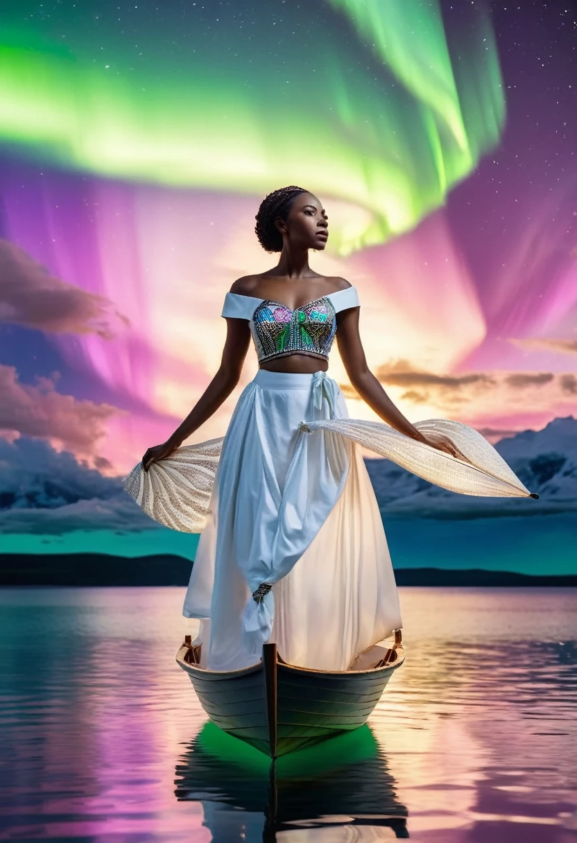 A black woman sitting in a paper boat sailing on a clear ocean, clear ocean reflecting a beautiful aurora borealis shining in the sky, she's dressed in white African designed clothes, , very high detailed and clear image, providing a cinematic look like shot from a 70mm lens panavision camera, 32k high definition and high resolution images, unreal engine 5 rendered. Hyper-realistic images with high detailed features.
