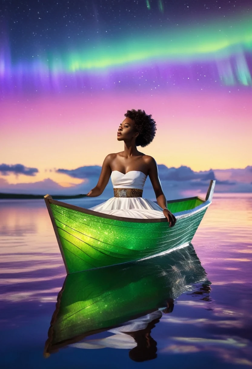A black woman sitting in a paper boat sailing on a clear ocean, clear ocean reflecting a beautiful aurora borealis shining in the sky, she's dressed in white African designed clothes, , very high detailed and clear image, providing a cinematic look like shot from a 70mm lens panavision camera, 32k high definition and high resolution images, unreal engine 5 rendered. Hyper-realistic images with high detailed features.