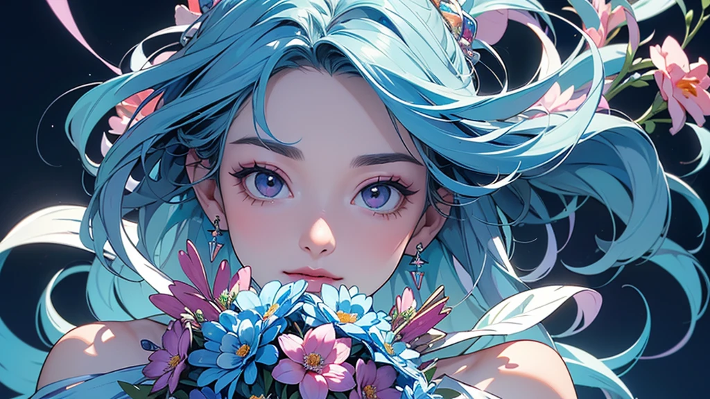 32K, 最高quality, 最高masterpiece, (ultra-Detailed Background, Detailed Background), High resolution, Super detailed, Very detailedな, 1 personの, (bouquet:1.3), (Tangled:1.2), (Geometric:1.2),(colorful),(masterpiece, quality, best quality, Official Art, Beautiful and beautiful:1.2), (1 person:1.3), Very detailed,(colorful:1.1)(Flowers:1.3),Most detailed,(Tangled:1.2), whole body, (Abstract background:1.3), (Skin glows), (Many colors:1.4), ,(Earrings Jewelry:1.5), Light Blue Background,