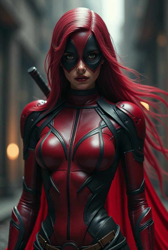 Create a merged image of deadpoll, Batman hellbat and Superman Deadpool, Galactus wolverine highly detailed hd add Deadpool details add hellbat cybernetic armor details, 1 character, Female One, sexly