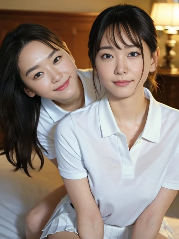 (Masterpiece, Best quality:1.3), (Ultra realistic, Photo-realistic:1.2), looking at each other, Natural light, 28 years old actress, Japanese beautiful 2 women, Neat and clean, (White tennis uniform, White short-sleeve polo shirt with darknavy line collar:1.1), (unbutton:1.3), (White pleated skirt:1.1), white sock, (ponytail:1.2), (Beautiful faces), Oval face, clear, Beautiful eyes, Kind eyes, Clear skin, Small face, Beautiful mouth, Small mouth, Natural makeup, Approachable, (nsfw:1.1), Seductive smile, (Seductive pose:1.2), (Beautiful thighs:1.1), (Bedroom eyes:1.1), Embarrassed, Blush, Luxury hotel Suite room, On bed, obscene reality of girls, (lesbian couple , petting together:1.1), grabbing crotch, erotic touch,