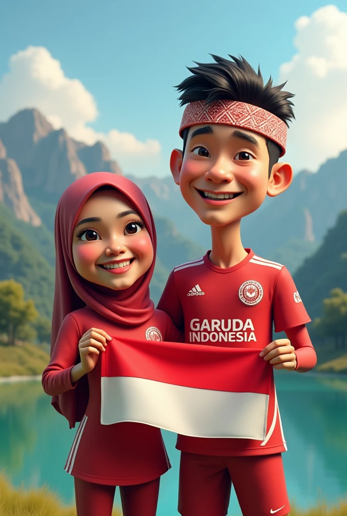 5D caricature of a short woman wearing a hijab and a tall Indonesian man wearing a batik headband that says "Indonesia" 23 years old , smiling sweetly. Indonesia, Indonesian women and men wearing red jerseys with a Garuda Indonesia batik motif on the right side of the shirt, written " Indonesia MV ", and white pants and black shoes is holding an August Indonesian flag. with a mountainous and lake backdrop.