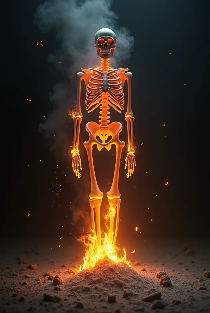 male skeleton slowly burning, turning into ashes