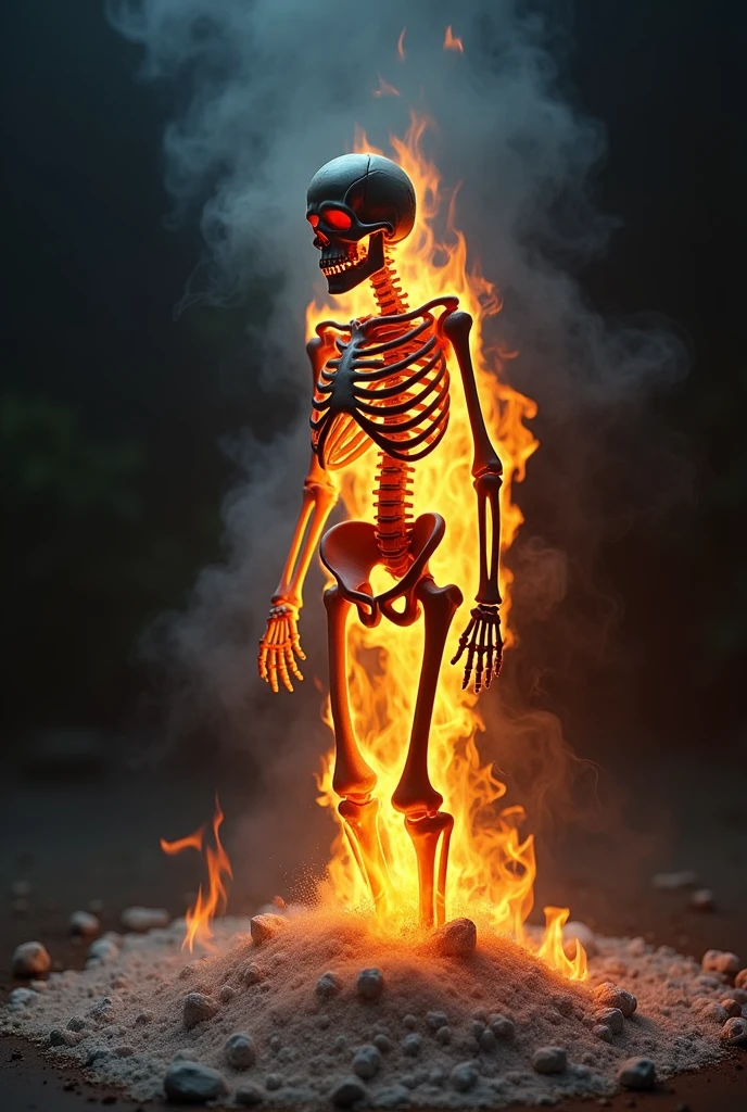 male skeleton slowly burning, turning into ashes