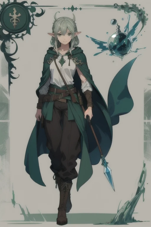 (Character sheet) Line art, 1 female, adult, tall muscular, baggy pants, dark green hooded cloak, elf ears, mage water staff, potion bottles, brown boots, 3 angles, full body