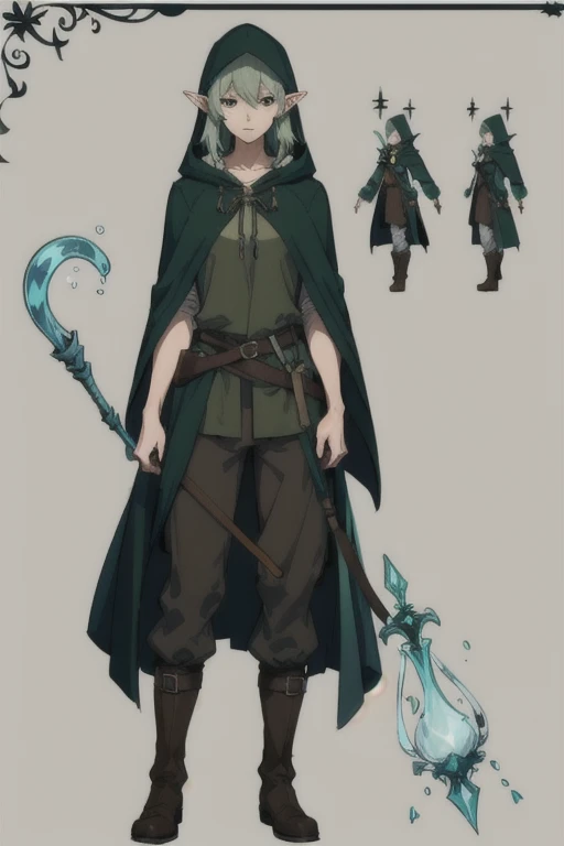 (Character sheet) Line art, 1 female, adult, tall muscular, baggy pants, dark green hooded cloak, elf ears, mage water staff, potion bottles, brown boots, 3 angles, full body