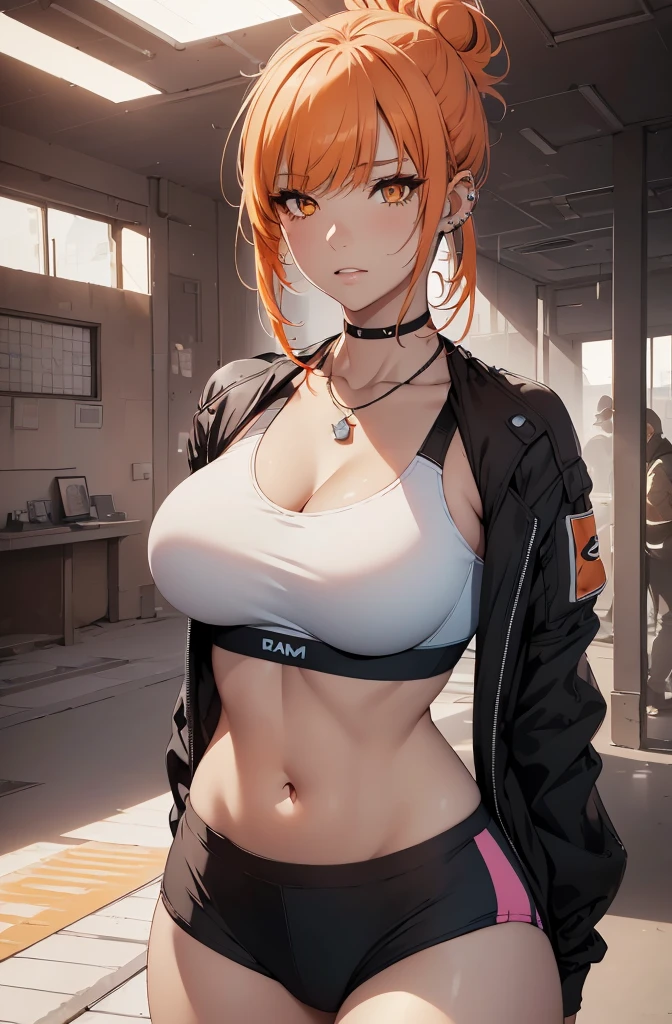 realistic, Beautiful detailed girl, clear and beautiful, Personage as the main perspective, shiny_skin, girl,woman,female, young,25 years old, (medium hair), bangs, (Top knot:1.3), sidelocks, orange hair, (beautiful detailed Glass hair), pink streaked hair,beautiful detailed cold face, cold expression, complex details beautiful and delicate eyes, fingernails, medium_breasts, , orange eyes, Authentic skin texture, gleaming skin,(Multiple piercings), necklace,(sports bra:1.3),(racing bloomers:1.3),bloom,(line art:1.2),realistic illustration,(unreal engine),(GoPro),(insanely detailed),perfect shading,(digital art),(ray tracing),(intricate detailed),creative refinement,(dark atmosphere)