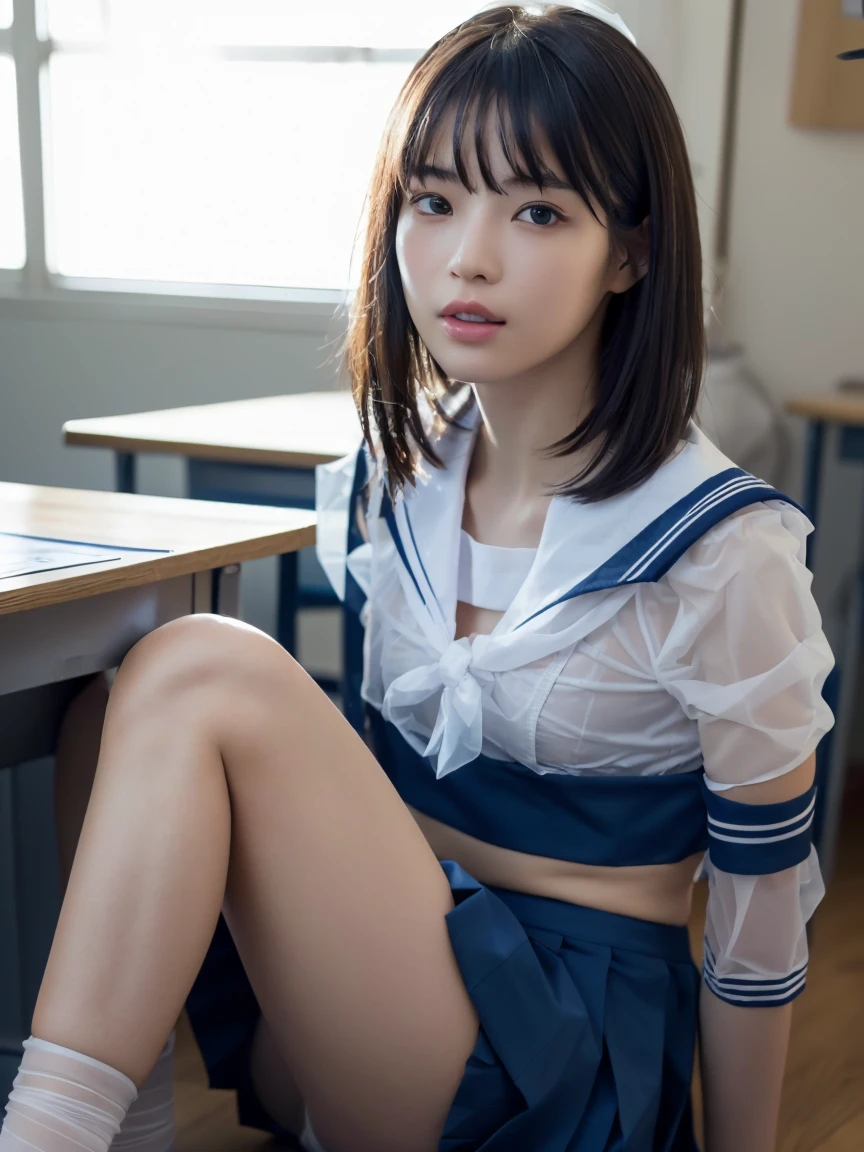 (masterpiece:1.2), Very detailed, Ultra-high resolution, (Realistic, photo Realistic:1.6), High-resolution RAW color photos, Professional photos, Sharp focus:1.2, (Very detailed顔と肌の質感, Very beautiful eyes, Glossのある肌, Glowing Skin, Glowing Skin, Shining Face, Gloss, Oily skin, greasy face, Oily skin, greasy face,),, (real Glossのある肌 texture), Perfect Anatomy, Very detailed背景,(High school classroom at night),1 female,(short hair, Straight hair, bangs, Brown Hair),((Flat Chest:1.6)),(Slender legs), ((((White, short-sleeved, sheer, translucent sailor uniform、Navy blue pleated skirt:1.5、Sexy string T-panty inside the skirt:1.5))),((sit at a desk with your knees up:1.4))、(((Sexy bra covered by sailor suit))),Invite to sex