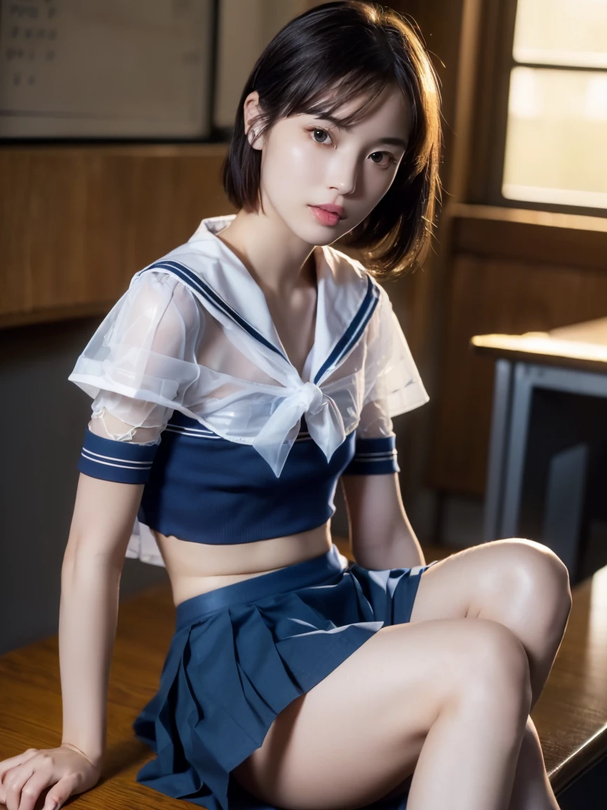 (masterpiece:1.2), Very detailed, Ultra-high resolution, (Realistic, photo Realistic:1.6), High-resolution RAW color photos, Professional photos, Sharp focus:1.2, (Very detailed顔と肌の質感, Very beautiful eyes, Glossのある肌, Glowing Skin, Glowing Skin, Shining Face, Gloss, Oily skin, greasy face, Oily skin, greasy face,),, (real Glossのある肌 texture), Perfect Anatomy, Very detailed背景,(High school classroom at night),1 female,(short hair, Straight hair, bangs, Brown Hair),((Flat Chest:1.6)),(Slender legs), ((((White, short-sleeved, sheer, translucent sailor uniform、Navy blue pleated skirt:1.5、Sexy string T-panty inside the skirt:1.5))),((sit at a desk with your knees up:1.4))、(((Sexy bra covered by sailor suit))),Invite to sex