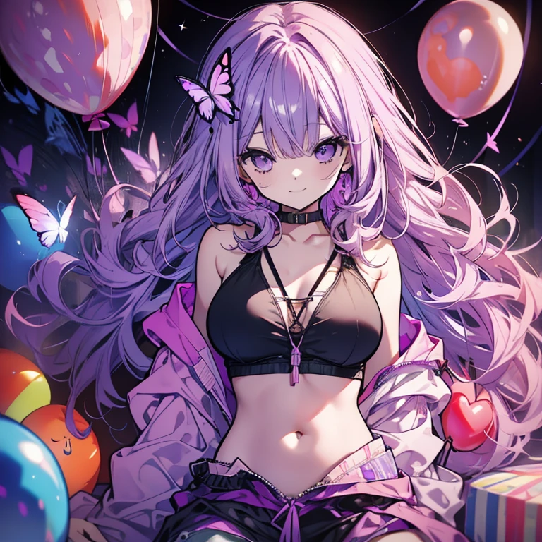 1 person、Mature、Ample breasts、Long Hair、Purple balloon、Bubble gum、Curly Hair、smile、Belly button、Shoulder Bare、hoodie、it、Lots of balloons、sofa、Purple butterfly、High resolution、Highest quality、