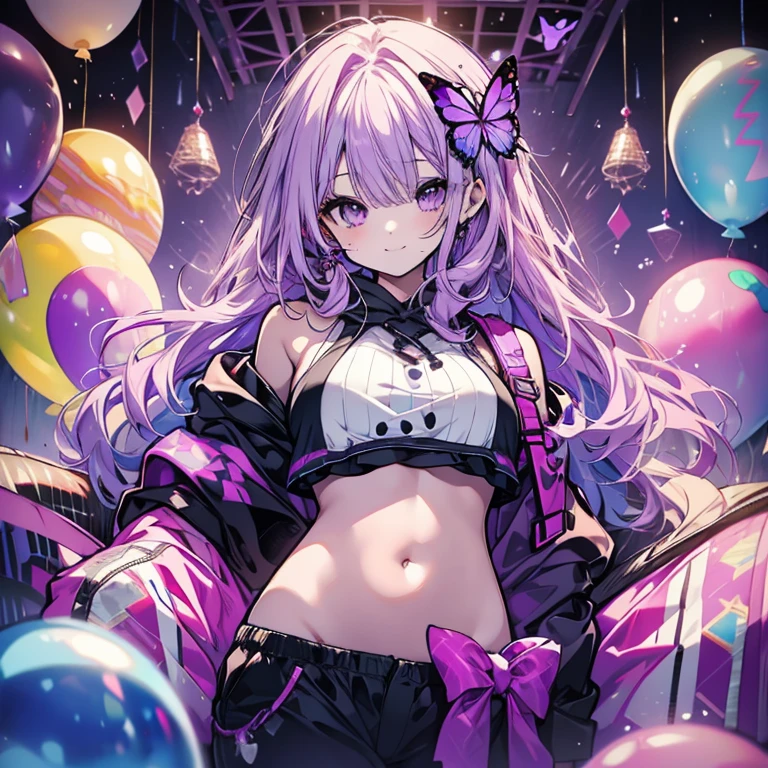 1 person、Mature、Ample breasts、Long Hair、Purple balloon、Bubble gum、Curly Hair、smile、Belly button、Shoulder Bare、hoodie、it、Lots of balloons、sofa、Purple butterfly、High resolution、Highest quality、