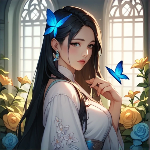 2D style、One black-haired Asian girl、Fantasy、Lots of blue butterflies々、Glowing Butterfly、library、Large windows、A garden with beautiful flowers blooming、