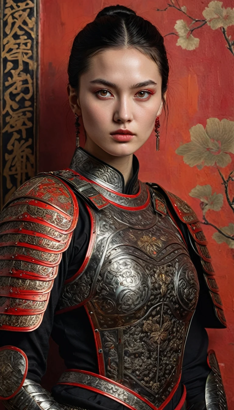 A hyper-realistic full body portrait of a stunning 21-year-old Russian woman standing alone against a colored wall. She has black hair in a simple bun, parted lips, and striking red eyes. She wears intricates detailed ancient Chinese war body armour. She was swaying a big broad intricate sword. The lighting accentuates her glowing skin, and the background features a wall painted with vibrant colors. The overall image is of maximum quality, with an extra detailed face, highly detailed black eyes, and a focus on her short hair with a bob cut. The captivating portrait radiates beauty and elegance.
