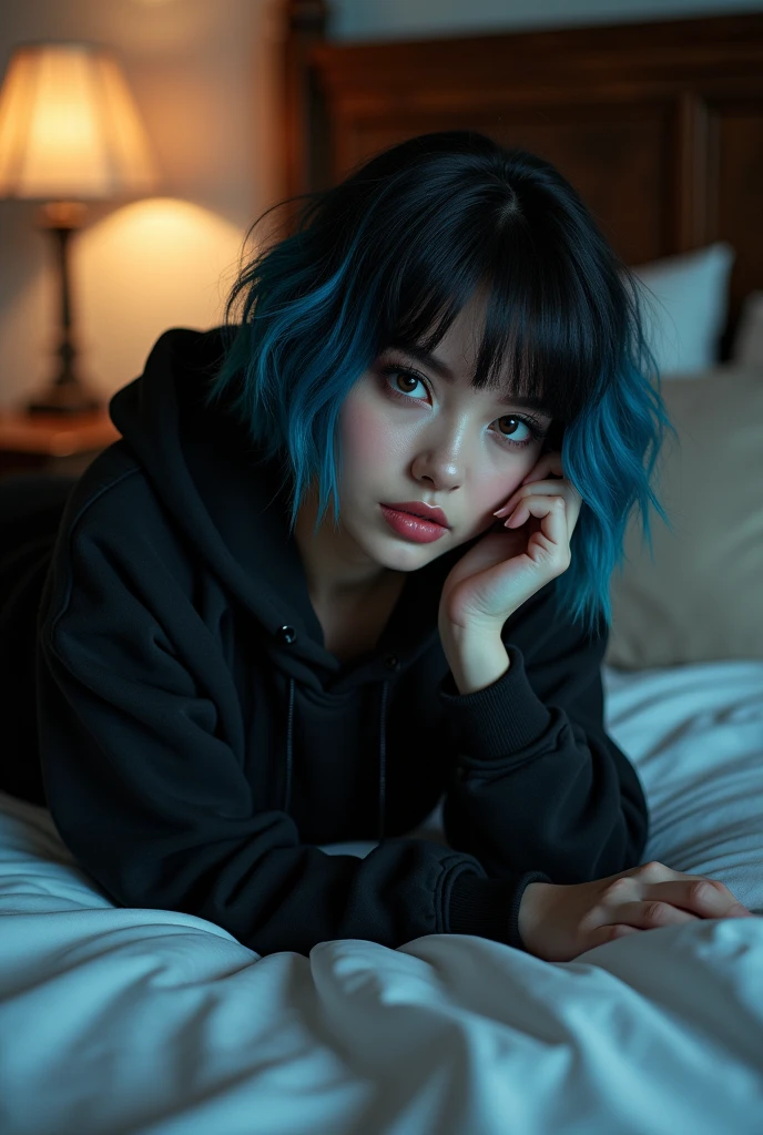 beautiful gothic women, sexy gothic girl, designer hoodie with invisible logos, short black hair with blue tips, bedroom, Lying on the bed, large breasts and big butts