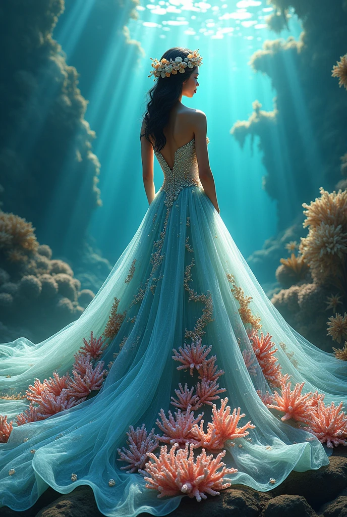 filipiniana gown with corals, water flow, and raindrops. With a headress contains corals and pearls