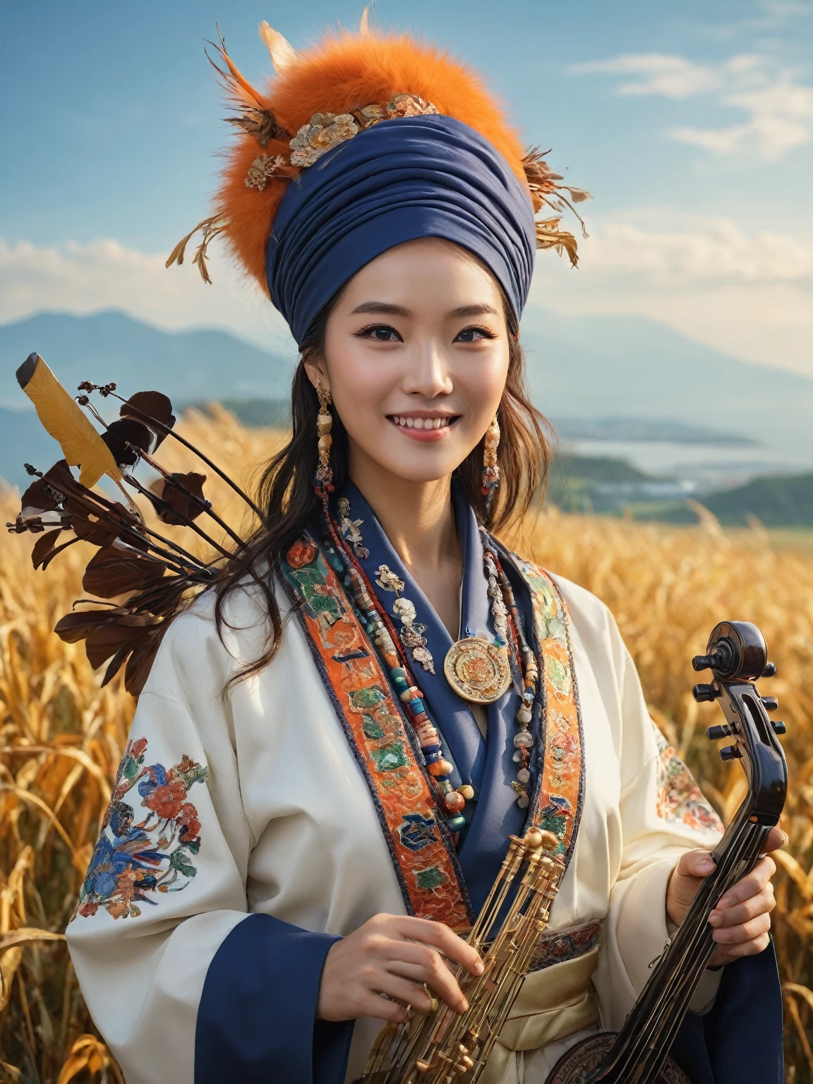 High resolution, 頂級quality, 最好的quality, Paid rewards available, 無與倫比的masterpiece, perfect work of art, Ridiculous,好的quality,Super detailed,actual,(portrait,photo-actual:1.37),(hairy:1.1),(human nature:1.1) High resolution, 8k, masterpiece,, Super detailed, mammal,whole body,National style totem,ethnic jewelry,quality, Hokkaido赤狐, elder, 一隻雄性hairy的狐狸 (orange fur), whole body都覆蓋著毛皮, , 穿著Hokkaido阿伊奴族的傳統服飾,Off-white coat,Dark blue headscarf,hands holding traditional musical instruments,Squint your eyes and smile, masterpiece, 最好的quality, Digital art, (actual:0.3), cartoon, Detailed route, High resolution, visually stunning (detailed lighting, Depth of Field:0.9), detailed color, Bright colors create perfect hands, Detailed hands (Fair, Cute, Fluffy:1.2), detailed body, HokkaidoNatural background,horizon landscape, National costume, national totem,清澈的Sky空, movie lighting, Sky, sunny Sky,,grassland, horizon background(Natural background:1.1,Hokkaido:0.9), (Soft natural light:1.1), (Detailed facial features:1.1,expressive eyes:1.2), (calm and serene expression:1.1), (Flowing and layered clothing:1.1), (Gorgeous and intricate accessories:1.1), Fine hairs, Delicate face,