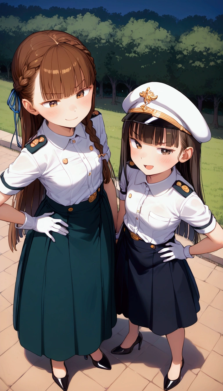 {Highest quality}, {Super beautiful},{Ultra fine},{Best illustration},Brown Hair,Hime cut,Braid,long hair,Two Women,Standing Woman,Strike a pose,Adult women,smug face,look down,Uniform cap,White shirt,Short sleeve,Black long skirt,White gloves,Black stiletto heels,Night Park,crowd,Slender,From above,Spread your legs,Put one hand on your hip