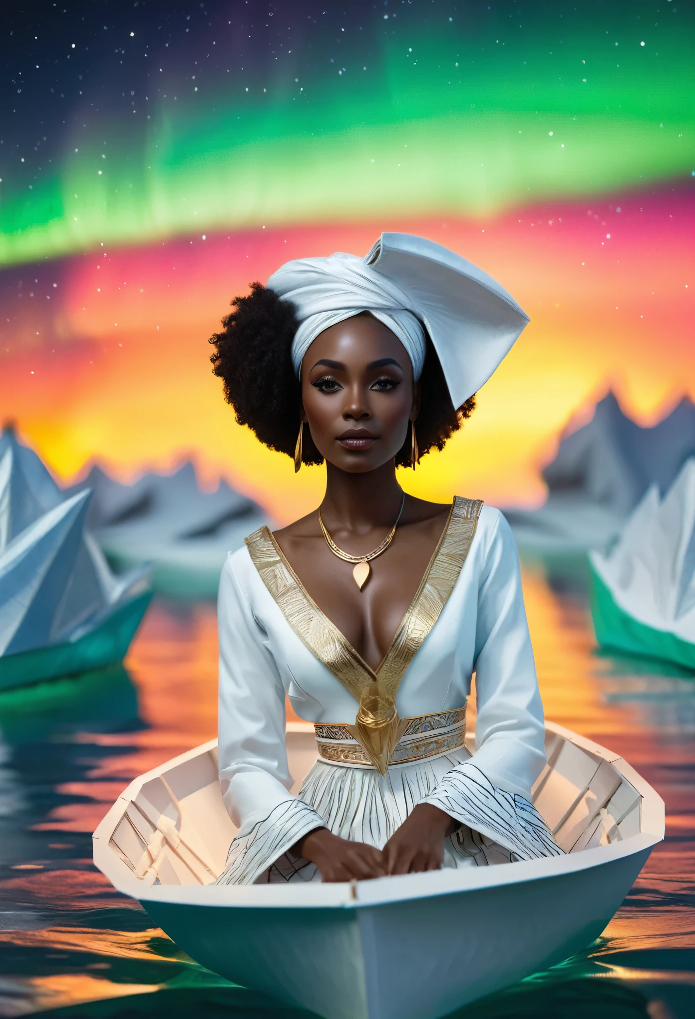 A black woman sitting in a paper boat sailing on a clear ocean, clear ocean reflecting a beautiful aurora borealis shining in the sky, she's dressed in white African designed clothes, , very high detailed and clear image, providing a cinematic look like shot from a 70mm lens panavision camera, 32k high definition and high resolution images, unreal engine 5 rendered. Hyper-realistic images with high detailed features.