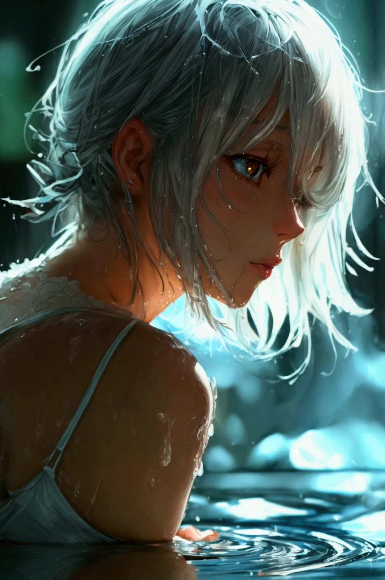 ((best qualityer)), ((work of art)), (detailded), 1 girl, silver hair, futanari, beautiful feet, stockings, wet, showing breasts