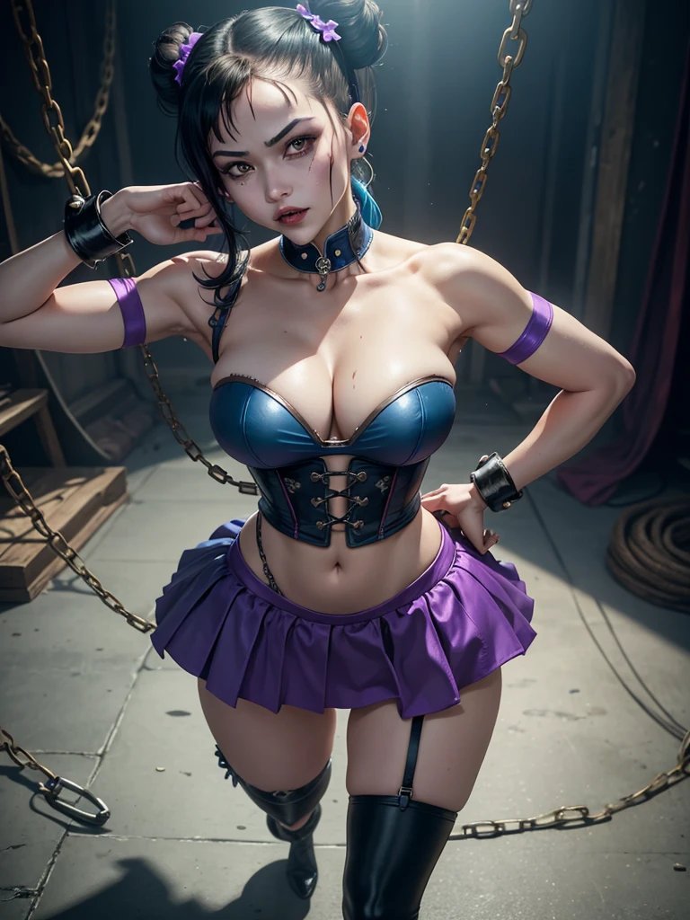 Chun-Li, once a fierce warrior, now a disturbingly transformed slave to the Joker's twisted whims. Her once vibrant skin has been eerily bleached to an unnatural alabaster white, a stark contrast to the clownish grin painted across her face. Her iconic blue qipao has been ripped away, replaced by a skimpy, tattered ensemble that accentuates her new, exaggerated MILF body. Her breasts are unnaturally enlarged and pushed up by a tight, neon-green corset, which is cinched so tightly it seems to defy the laws of physics. The corset's fabric matches the vivid color of her new pigtails, which are adorned with joker-themed bows that dangle playfully by her ears. Her panties are similarly neon-green and so tiny that they barely cover her fully exposed pussy, which is adorned with a ring that matches the color scheme. The scene is set in a grimy, dimly lit room with a clown-themed backdrop, replete with macabre balloons and oversized playing cards scattered on the floor. The Joker stands behind her, his arms wrapped around her waist, his purple gloved hands resting on her hips as he leers over her shoulder, a twisted smile etched into his own grotesque visage. Chun-Li's expression is a mix of horror and submission, her eyes glazed over with a disturbing mix of fear and acceptance. Her once strong stance is now one of defeat, with her legs slightly apart and her wrists bound in front of her by thick, coiled chains, leaving her completely vulnerable to the Joker's depraved desires. The harsh lighting casts long shadows across the scene, highlighting the stark contrast between the purity of her white skin and the garish colors of her new attire. Her muscular legs, now shackled in high-heeled boots, are spread slightly apart, emphasizing her now-exposed pussy and the leather collar around her neck, which is attached to a chain that the Joker holds in his free hand, symbolizing her complete subjugation to his will. The overall atmosphere is one of twisted power dynamics and perve