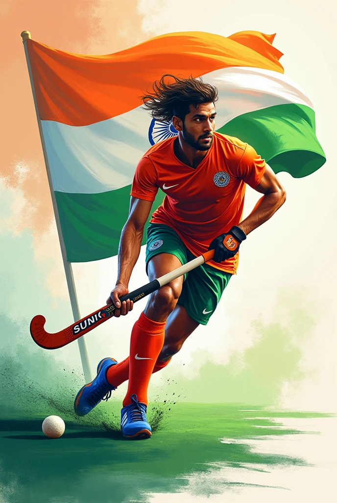 An illustration of Indian hockey player playing while, holding a hockey stick with a grip adorned in the vibrant colors of the Indian flag. Behind him, the Indian flag waves proudly, symbolizing his dedication and pride in representing his nation.