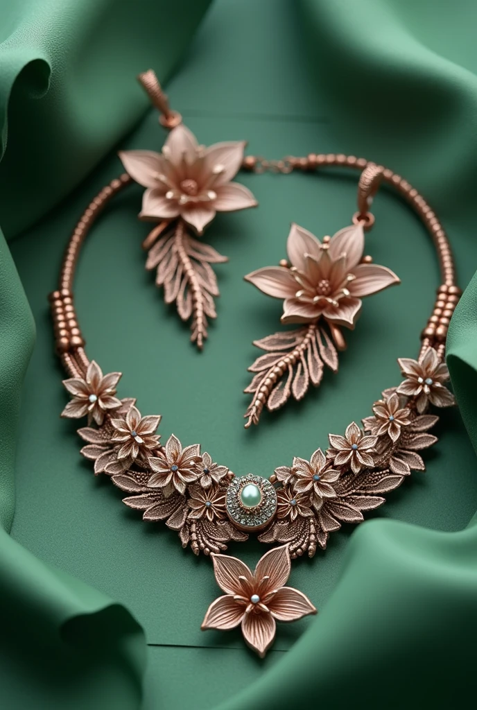 Jewelry with fish scales (flowers and combs) that are joined with copper thread and covered with green paper.
The background should convey tranquility and confidence.