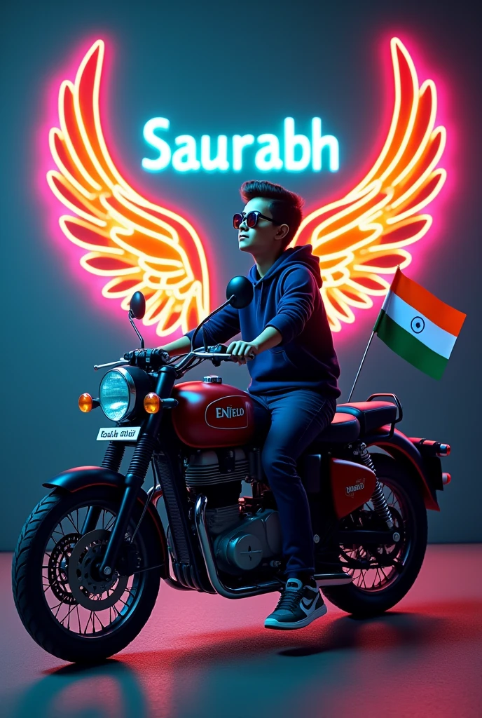 Create a 3D illusion profile image featuring a 14-year-old boy seated casually on a “Royal Enfield” bike, donned in a dark blue hoodie, sneakers, and sunglasses while looking ahead. The backdrop highlights the name “Saurabh” in vibrant indian flag color color neon lights against a dark grey wall, complemented by additional neon wings in Indian flag color for an angelic ambiance.and flag in hand